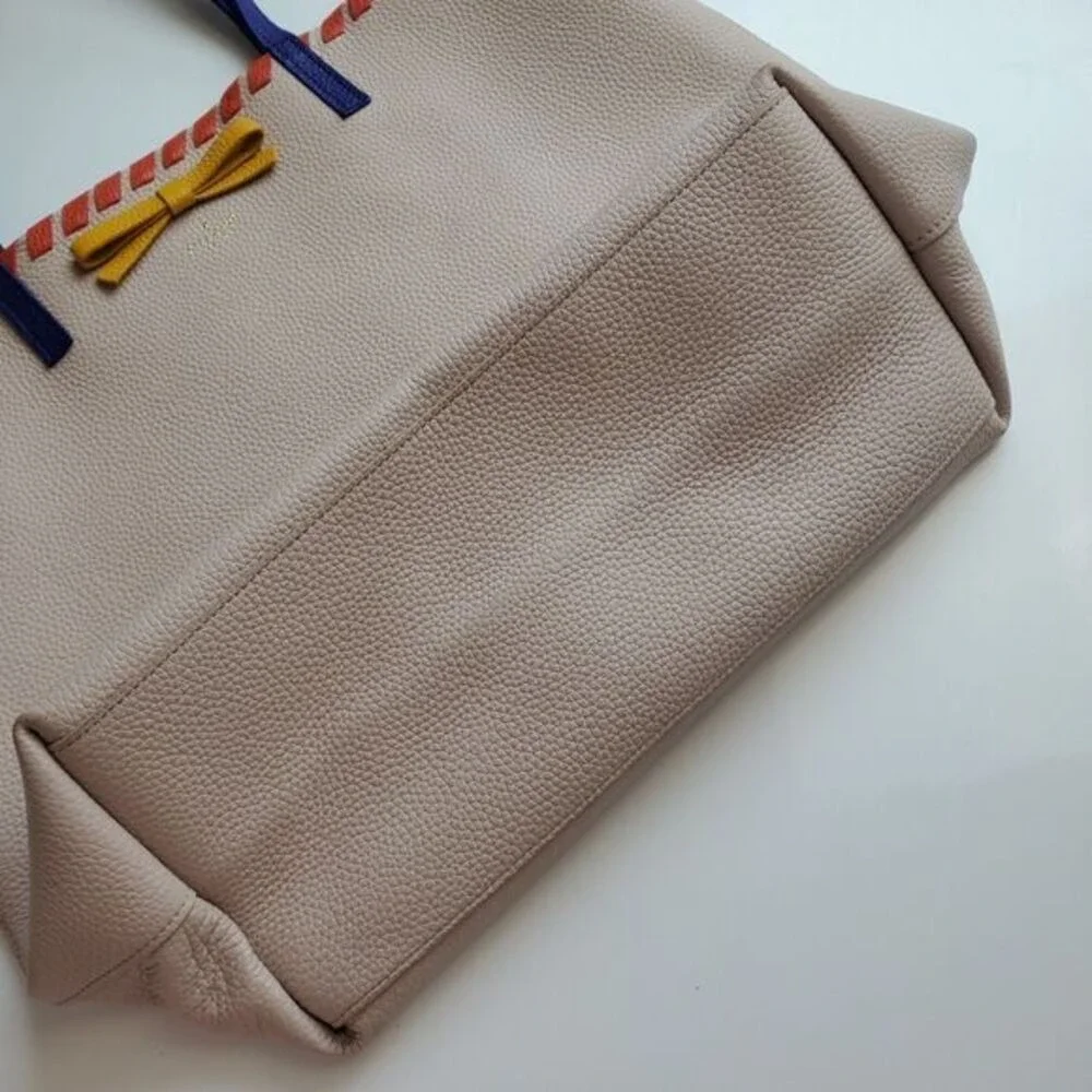 Kate Spade New York Beige Pebbled Leather Tote Bag Multi Color Tassel Bow Trim